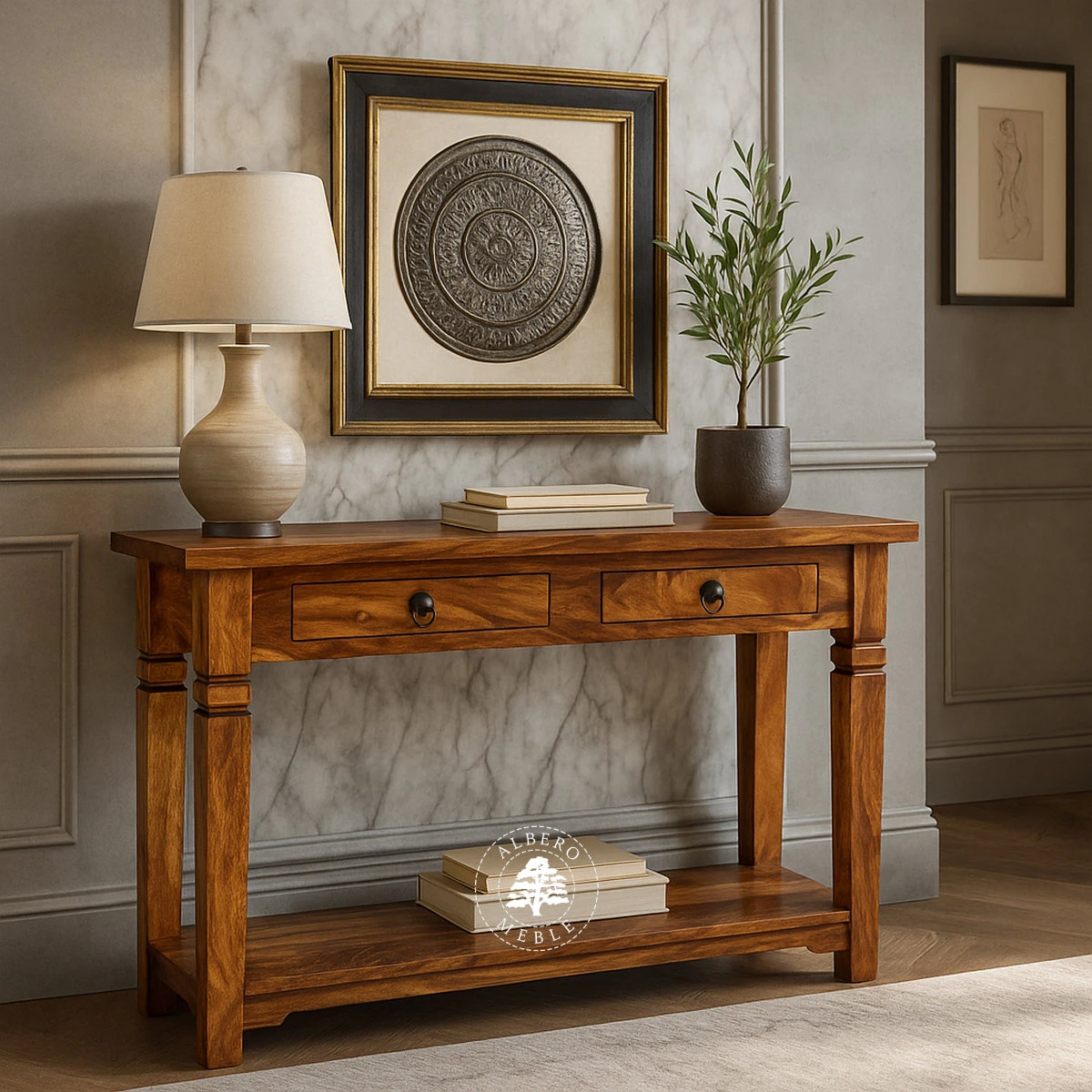 Długa kolonialna konsola z litego drewna palisander z dolna