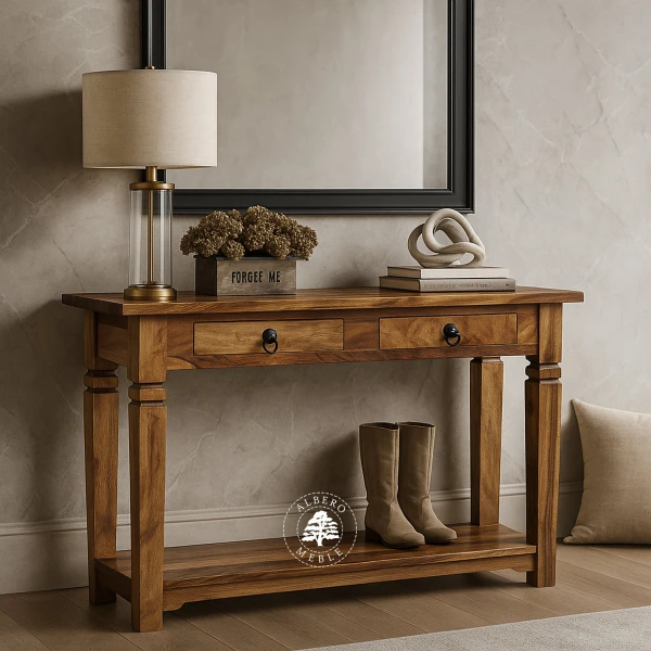 Długa kolonialna konsola z litego drewna palisander z dolna