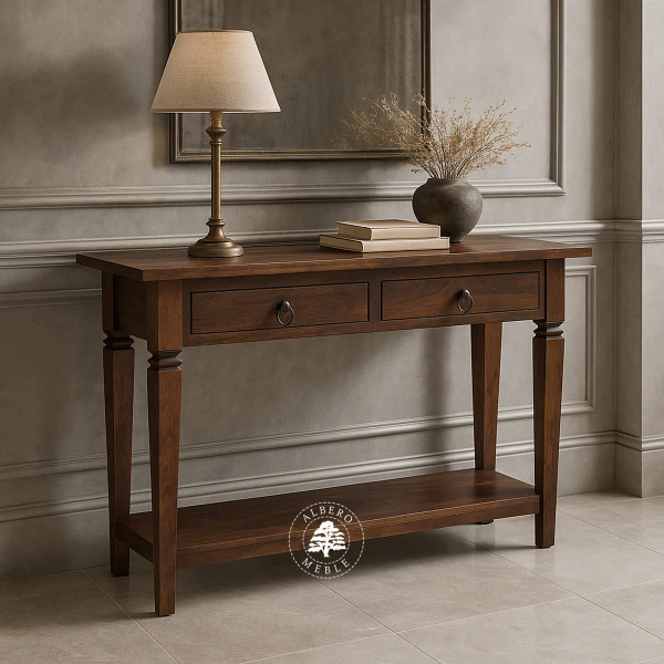 Długa kolonialna konsola z litego drewna palisander z dolna