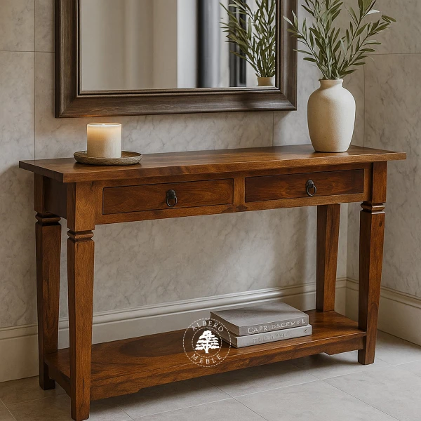 Długa kolonialna konsola z litego drewna palisander z dolna