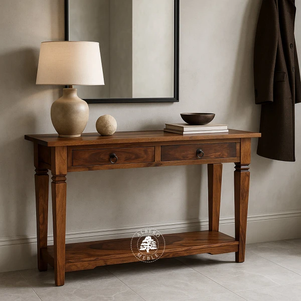 Długa kolonialna konsola z litego drewna palisander z dolna