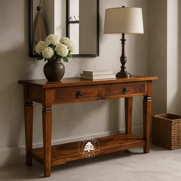 Długa kolonialna konsola z litego drewna palisander z dolna