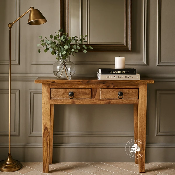 Mała stylowa konsola drewniana do przedpokoju z szufladami