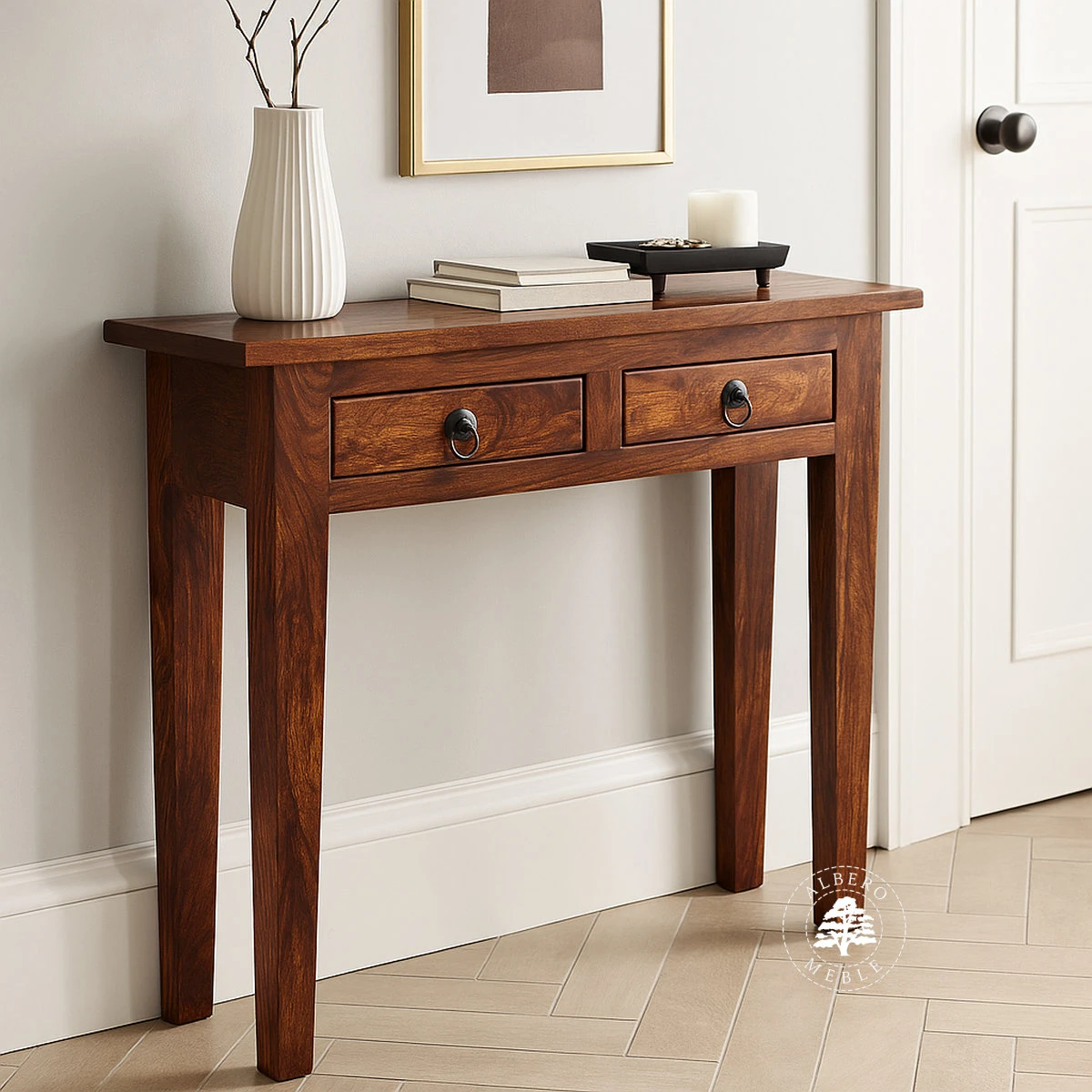 Mała stylowa konsola drewniana do przedpokoju z szufladami