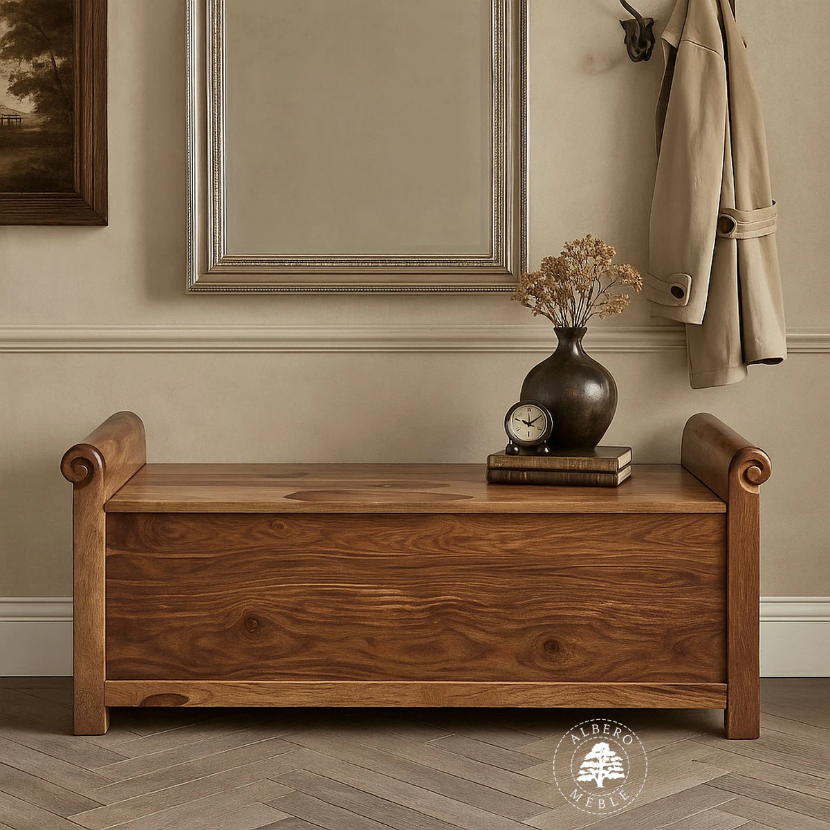 Rustykalna skrzynia do przedpokoju z drewna palisander indyj