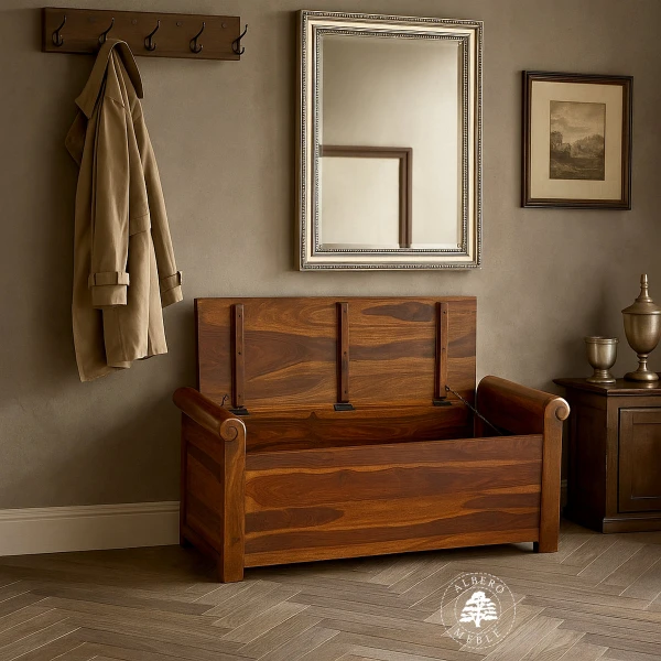 Rustykalna skrzynia do przedpokoju z drewna palisander indyj