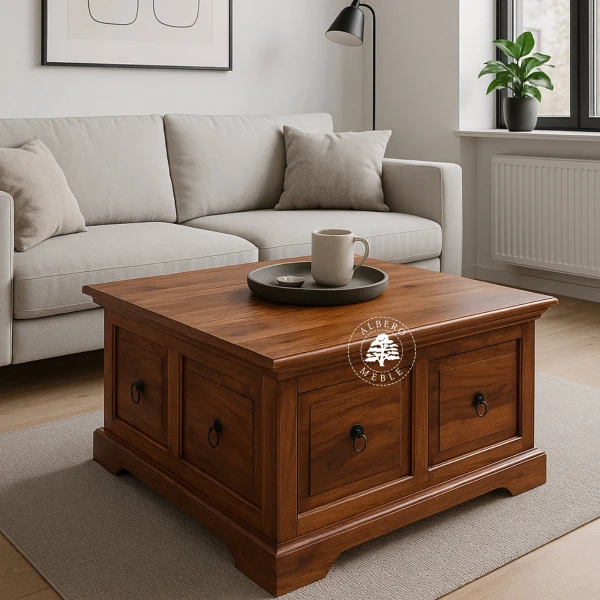 Kwadratowa skrzynia do salonu z szufladami i otwieranym wiek