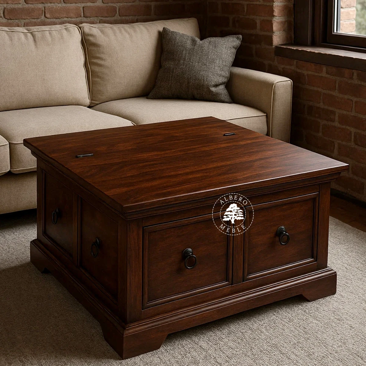 Kwadratowa skrzynia do salonu z szufladami i otwieranym wiek