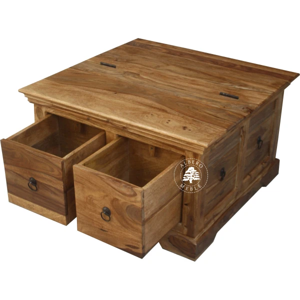 Kwadratowa skrzynia do salonu z szufladami i otwieranym wiek