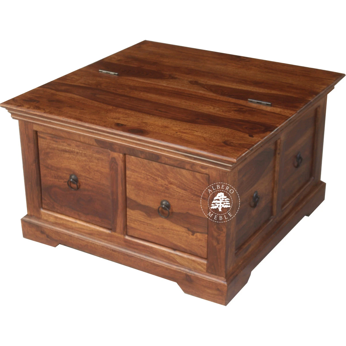 Kwadratowa skrzynia do salonu z szufladami i otwieranym wiek