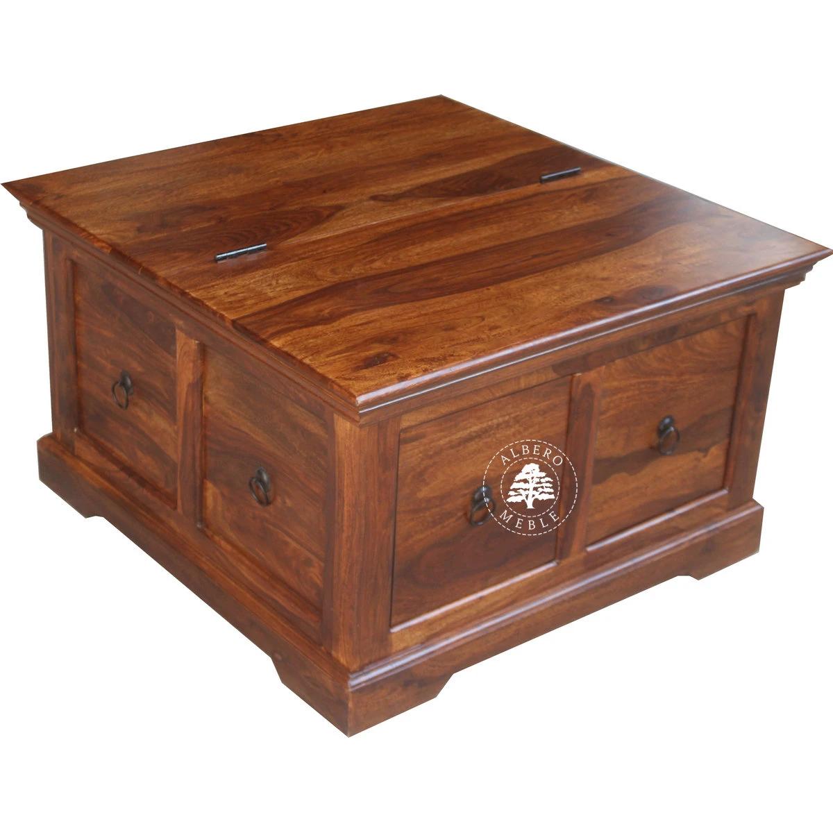 Kwadratowa skrzynia do salonu z szufladami i otwieranym wiek