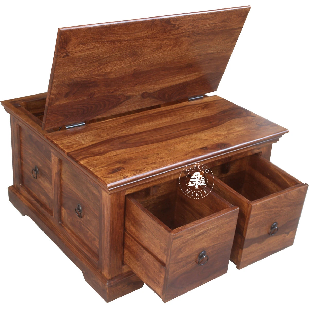 Kwadratowa skrzynia do salonu z szufladami i otwieranym wiek