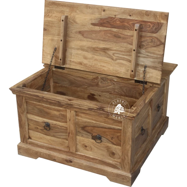 Kwadratowa skrzynia do salonu z szufladami i otwieranym wiek