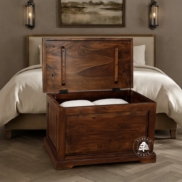 Kolonialna wysoka skrzynia z drewna litego palisander do syp