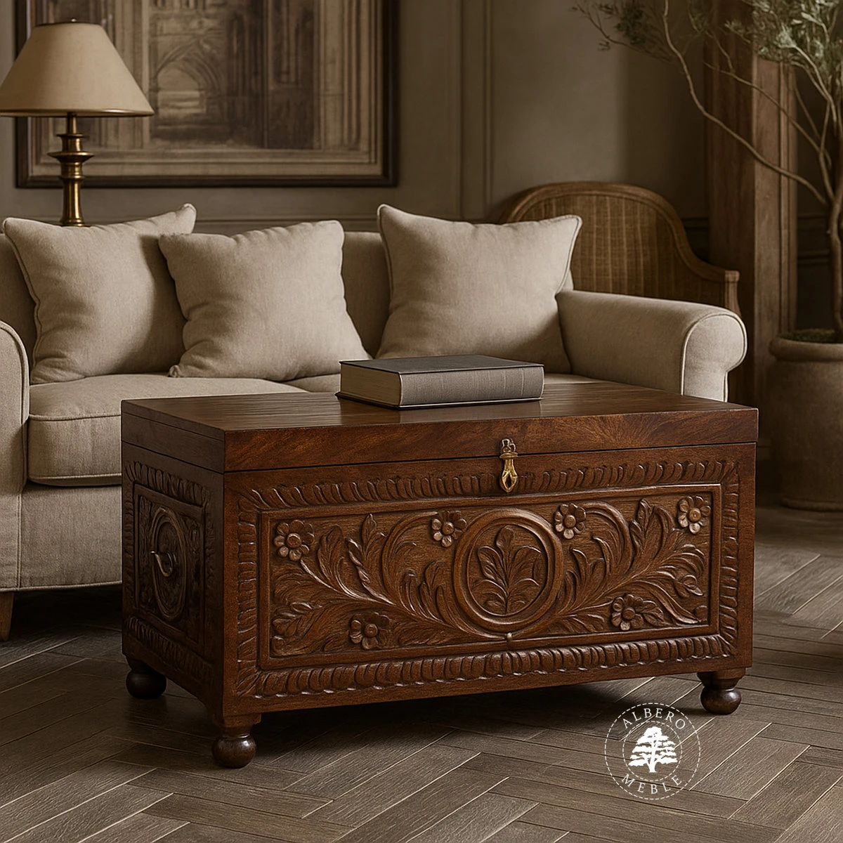 Indyjski kufer z drewna litego mangowca z ręcznie wykonanym