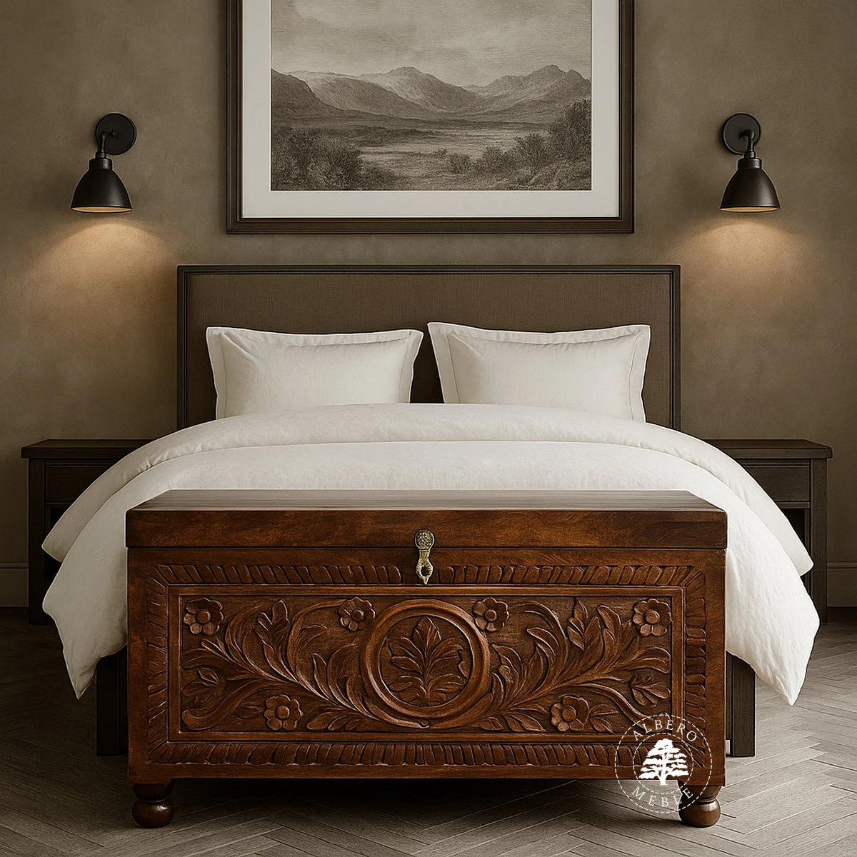 Indyjski kufer z drewna litego mangowca z ręcznie wykonanym