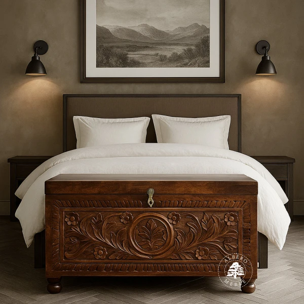 Indyjski kufer z drewna litego mangowca z ręcznie wykonanym