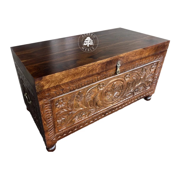 Indyjski kufer z drewna litego mangowca z ręcznie wykonanym