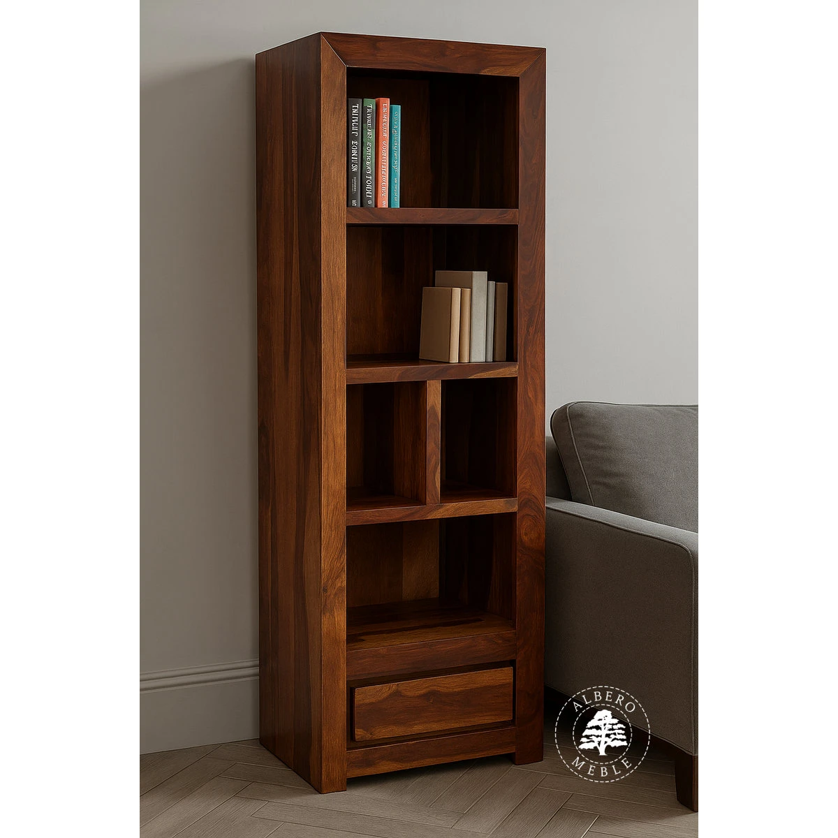 Wąski Regał Drewniany w Nowoczesnym Designie