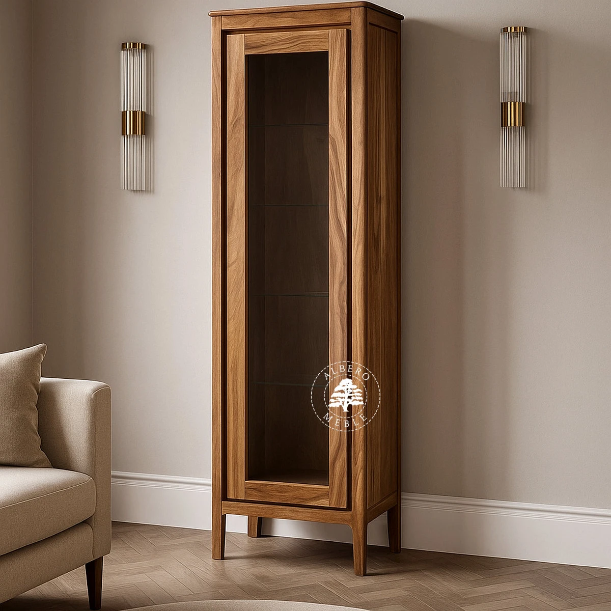 Wąska Witryna na nóżkach z naturalnego drewna