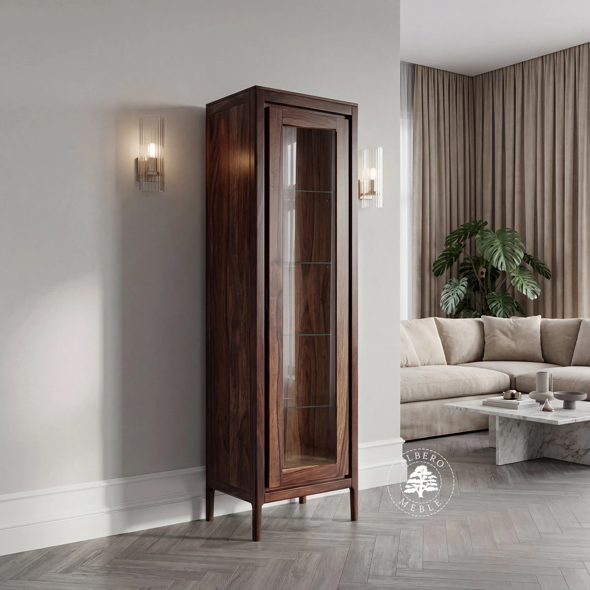 Wąska Witryna na nóżkach z naturalnego drewna