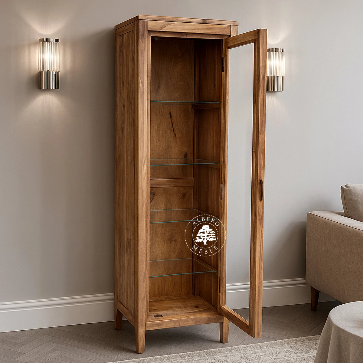 Wąska Witryna na nóżkach z naturalnego drewna