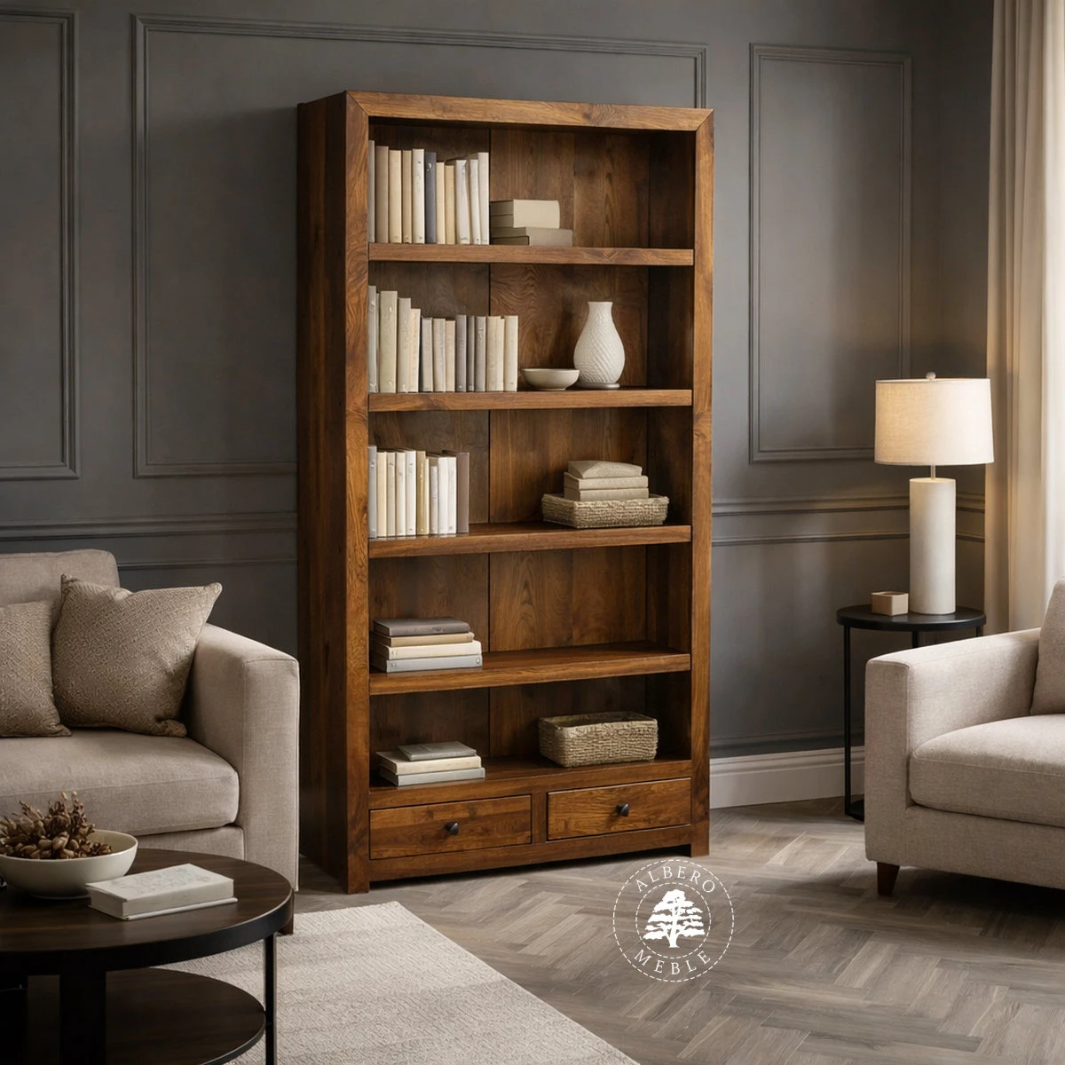 Płytki Regał Modernistyczny z Drewna litego z Szufladami