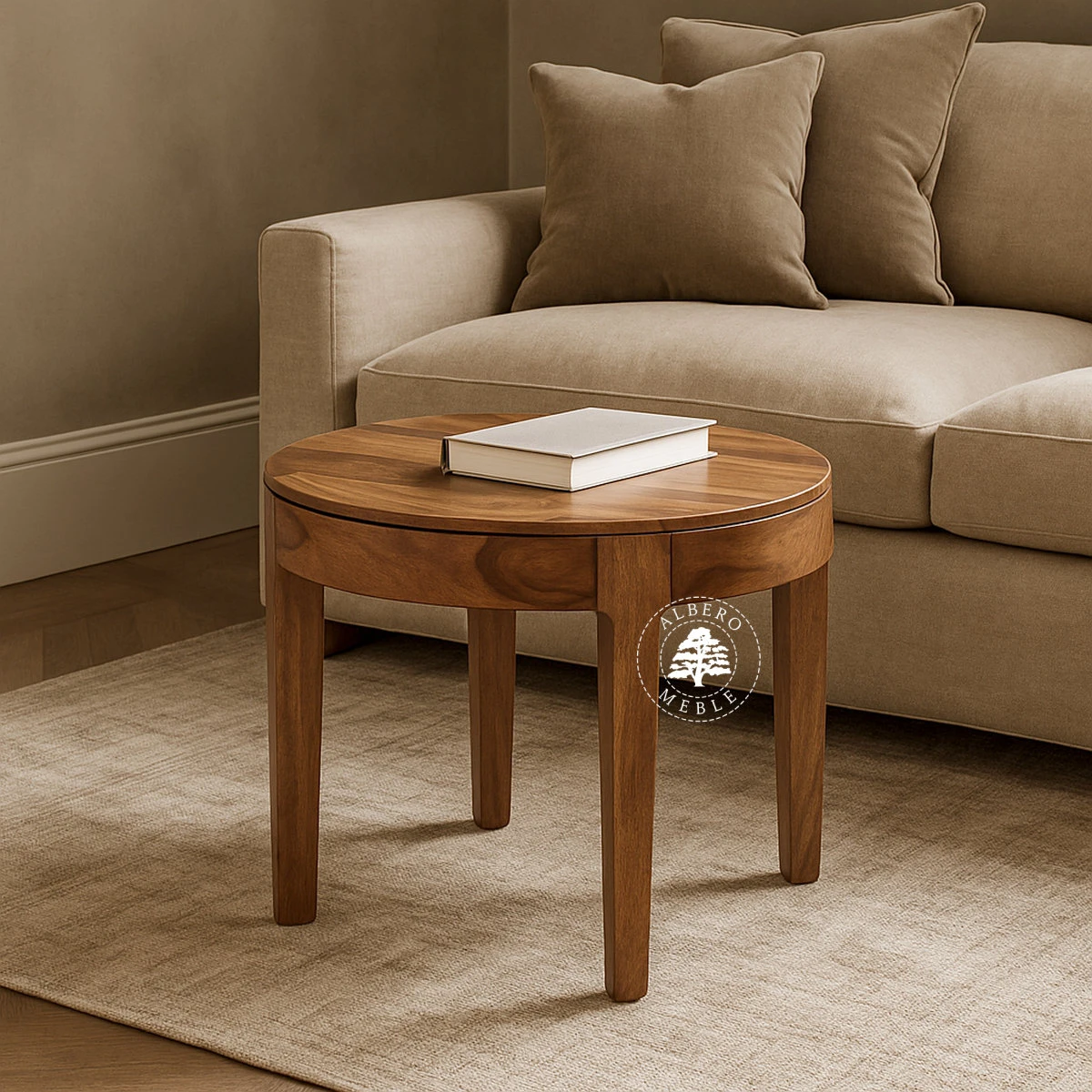 Okrągły stolik kawowy na nóżkach CITY z naturalnego drew