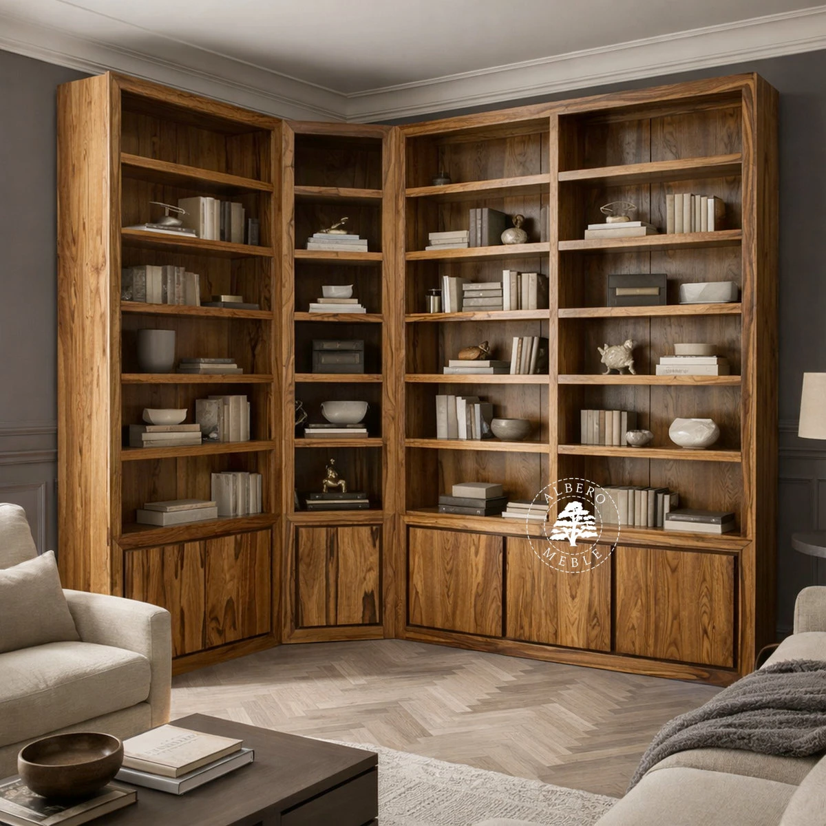 Narożna Biblioteka Drewniana na Wymiar