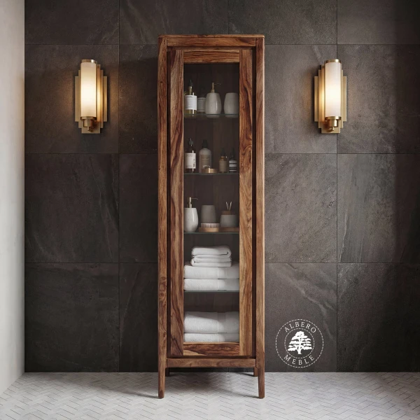 Drewniane szafki i słupki łazienkowe