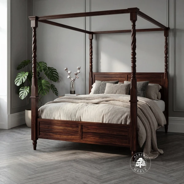 Indyjskie Łóżko Drewniane z Baldachimem