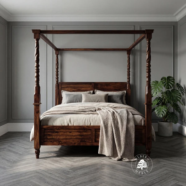 Indyjskie Łóżko Drewniane z Baldachimem