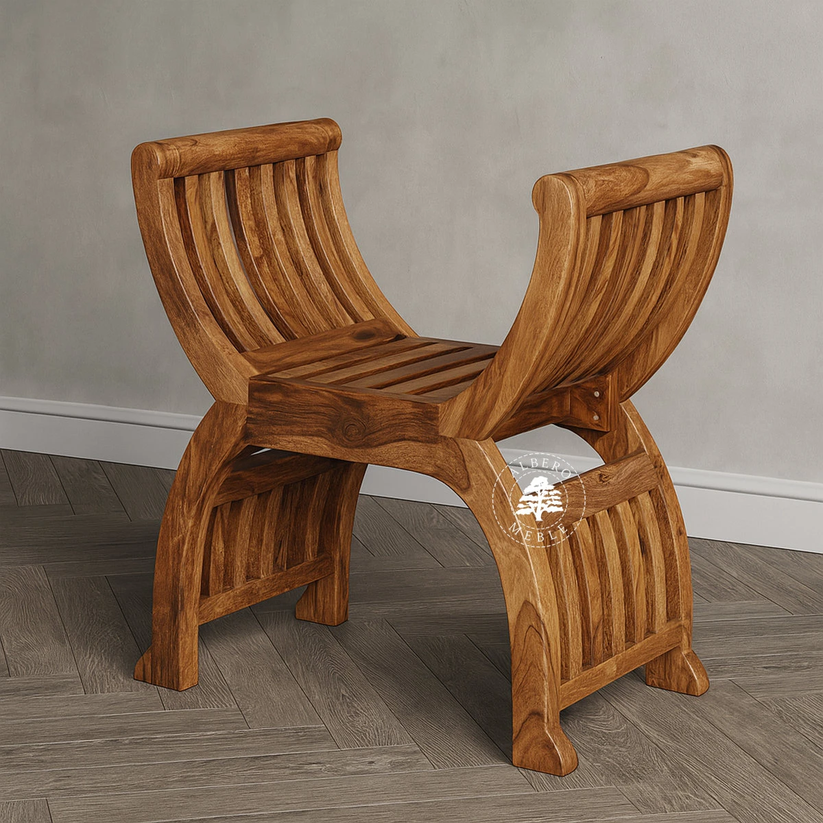 Niskie siedzisko drewniane z oparciem do przedpokoju