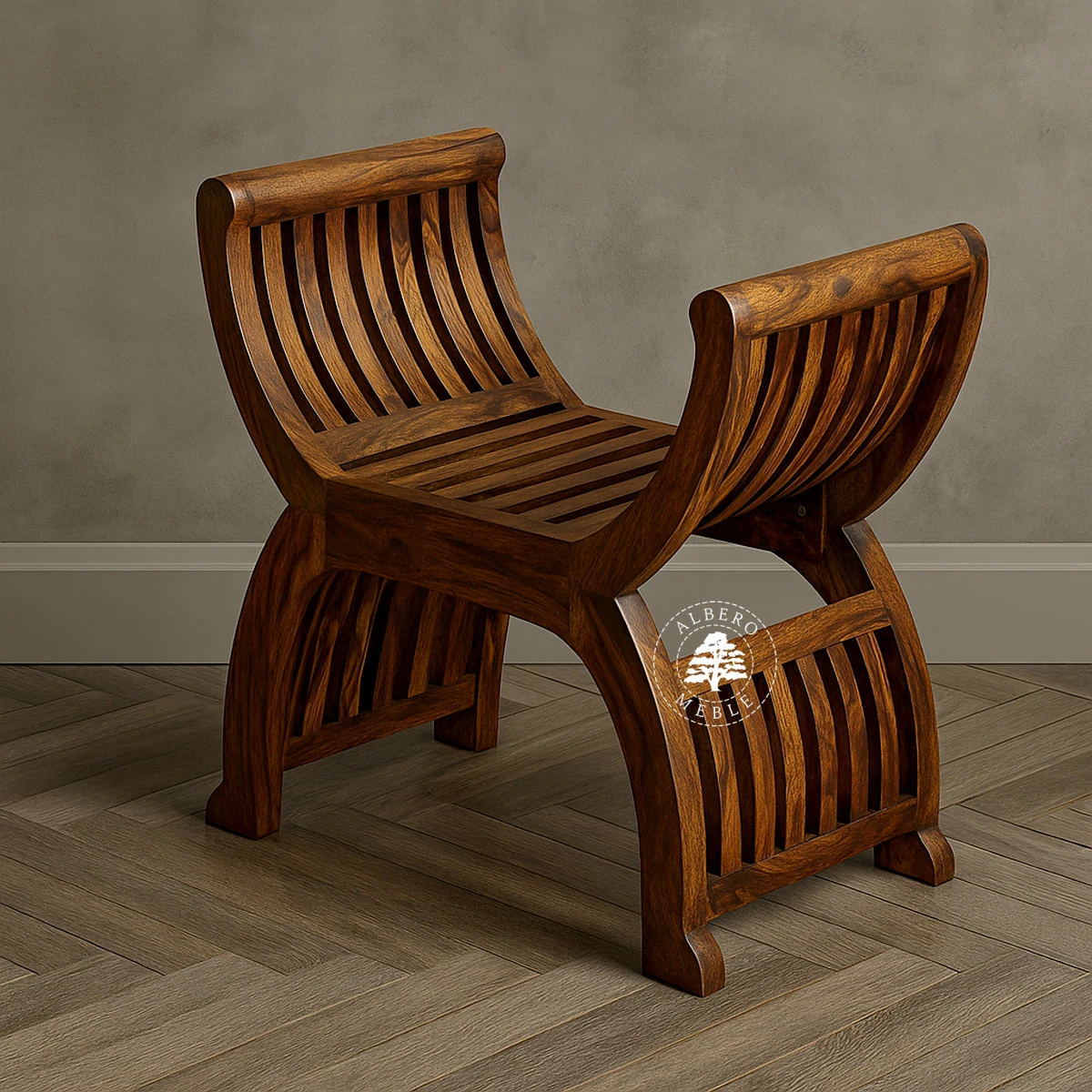 Niskie siedzisko drewniane z oparciem do przedpokoju