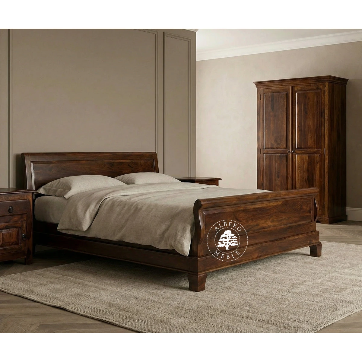 Tradycyjne stylowe łóżko Albero z drewnianym wezgłowiem