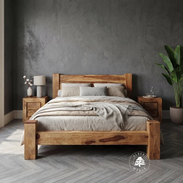 Nowoczesne łózko drewniane Goa na czterech nogach z bali