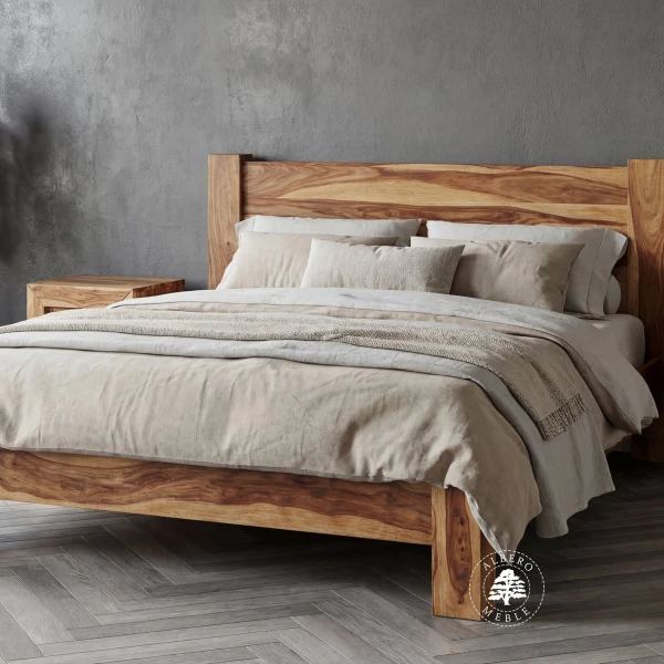 Nowoczesne łózko drewniane Goa na czterech nogach z bali