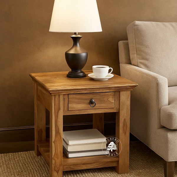 Wysoki stolik kawowy z klasycznym gzymsem wykonany z drewna