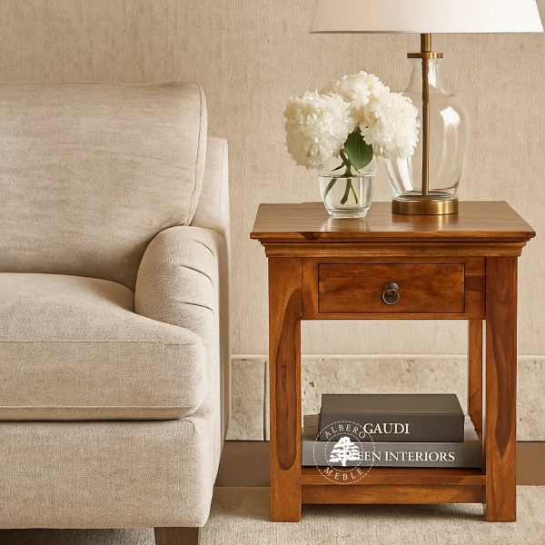 Wysoki stolik kawowy z klasycznym gzymsem wykonany z drewna