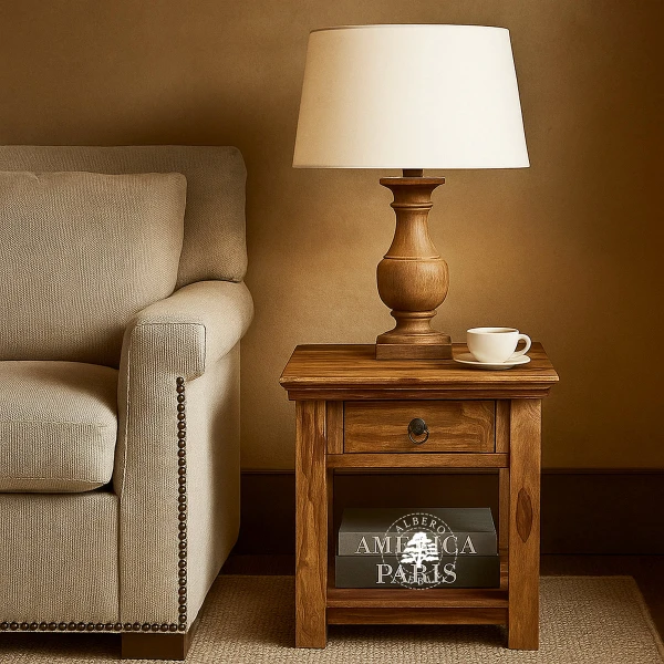 Wysoki stolik kawowy z klasycznym gzymsem wykonany z drewna