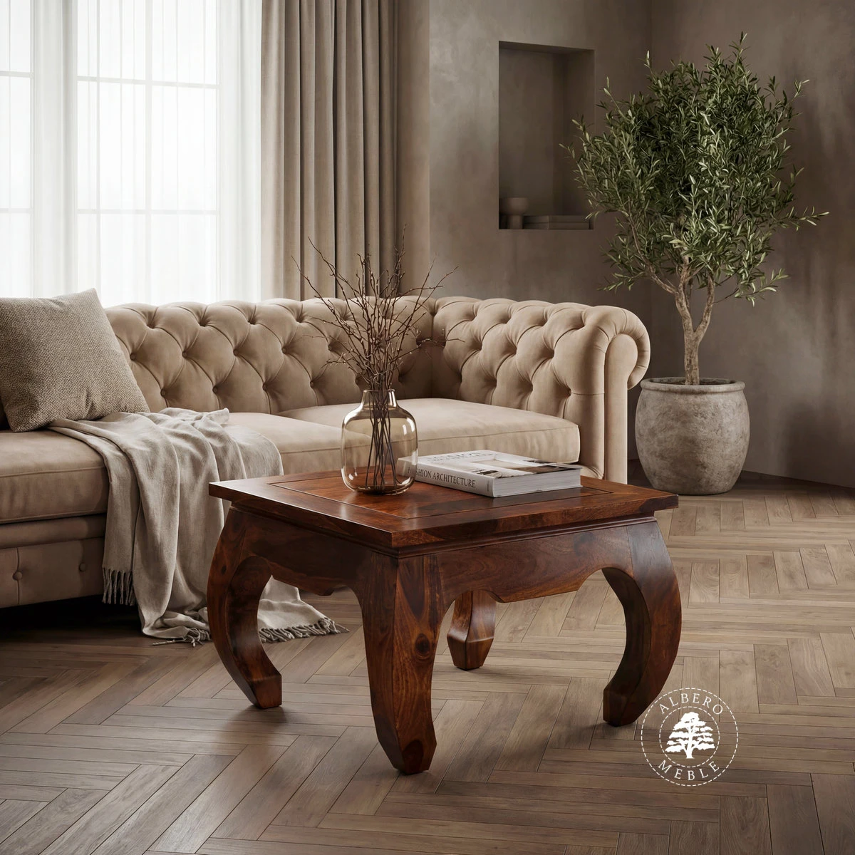 Klasyczny kolonialny stolik Opium na wygiętych nogach