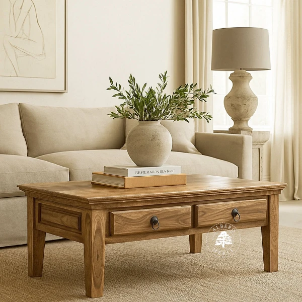 Ława drewniana Classic do salonu z dwiema szufladami