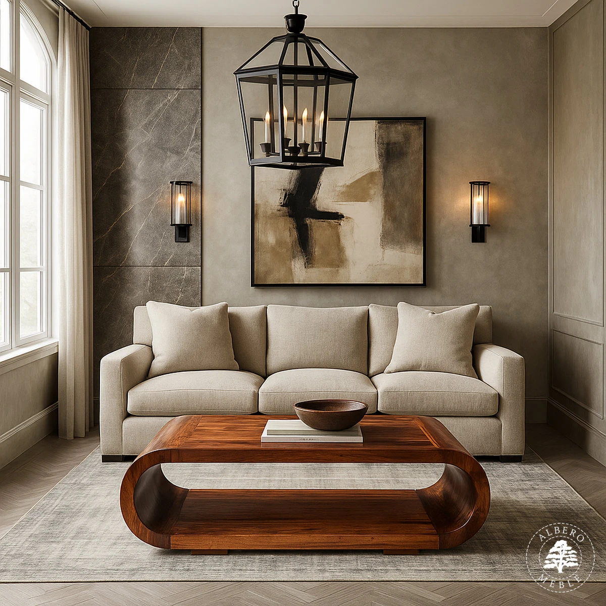 Duża drewniana ława owalna do salonu