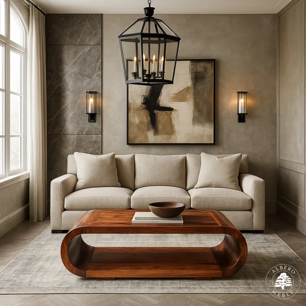 Duża drewniana ława owalna do salonu