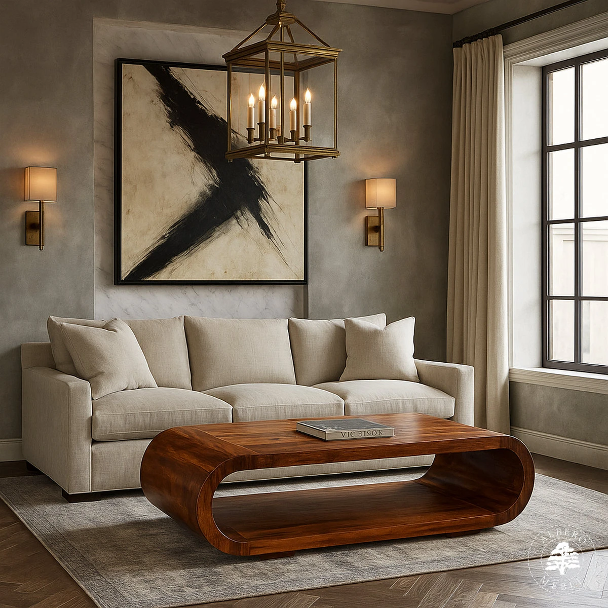 Duża drewniana ława owalna do salonu