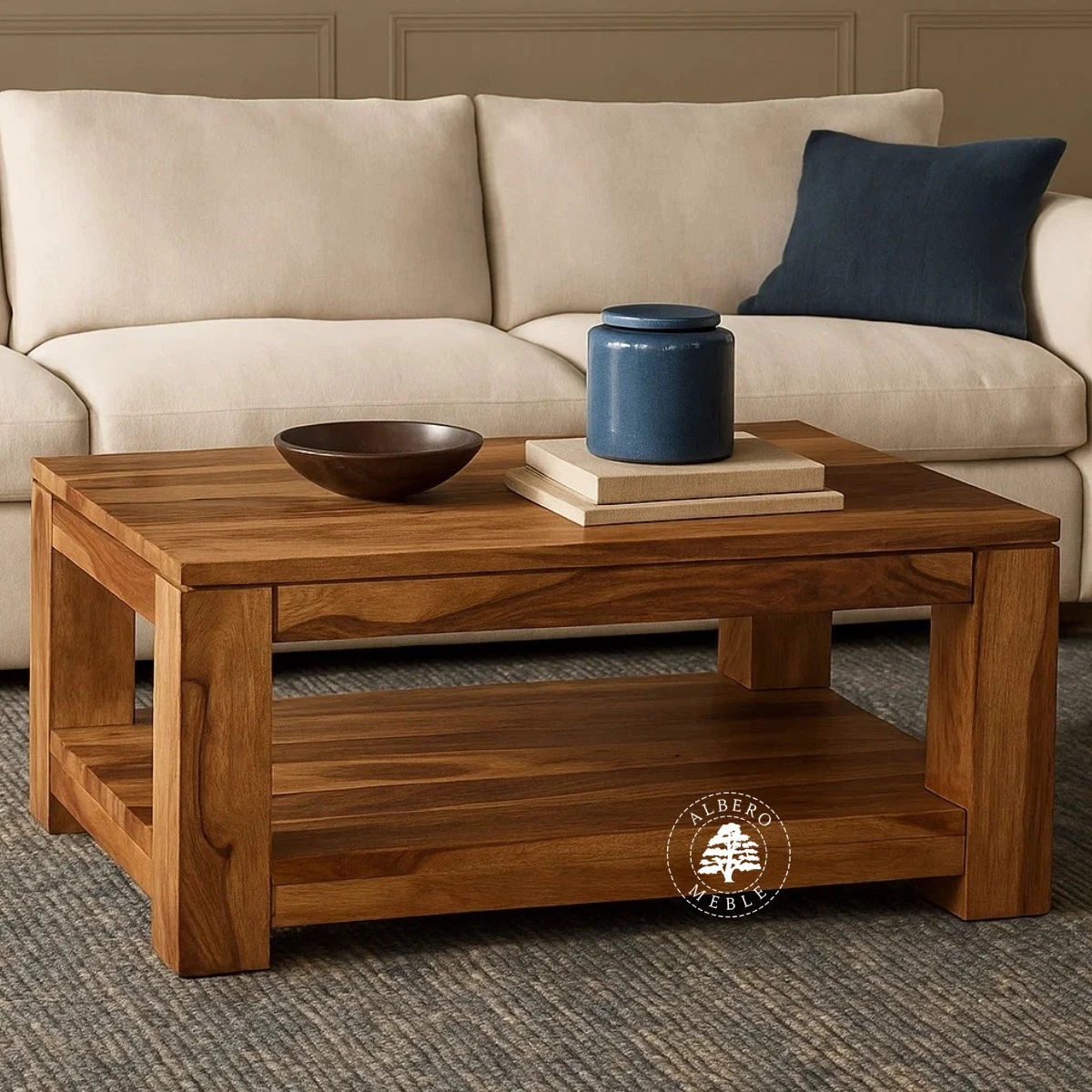 Prostokątny stolik kawowy na drewnianych nogach