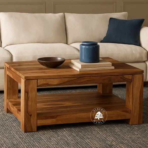 Prostokątny stolik kawowy na drewnianych nogach