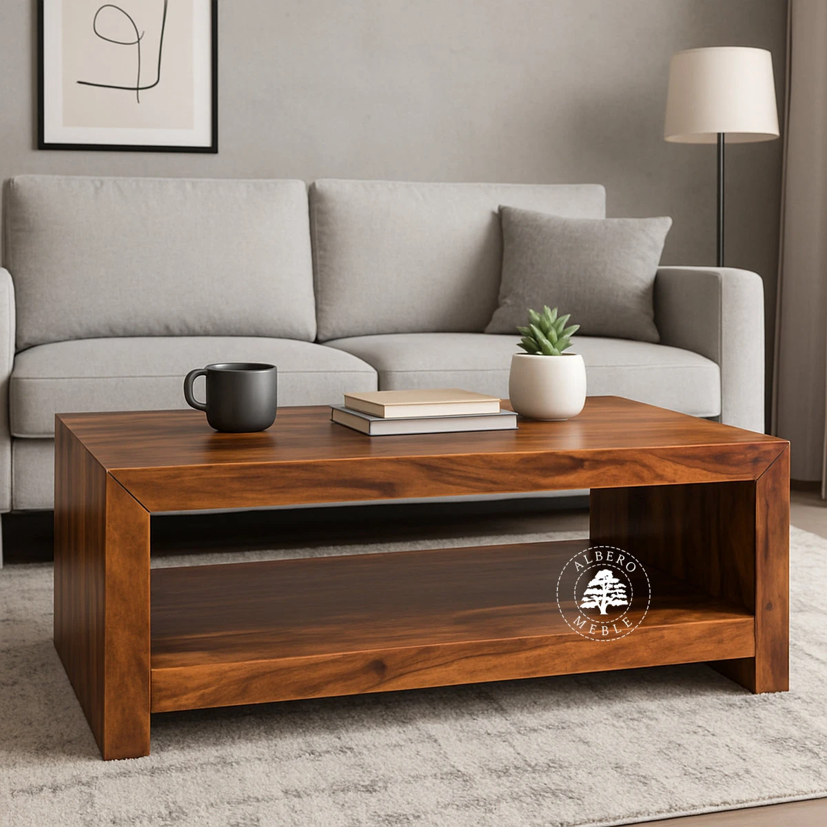 Prosty drewniany stolik kawowy z dolną półką