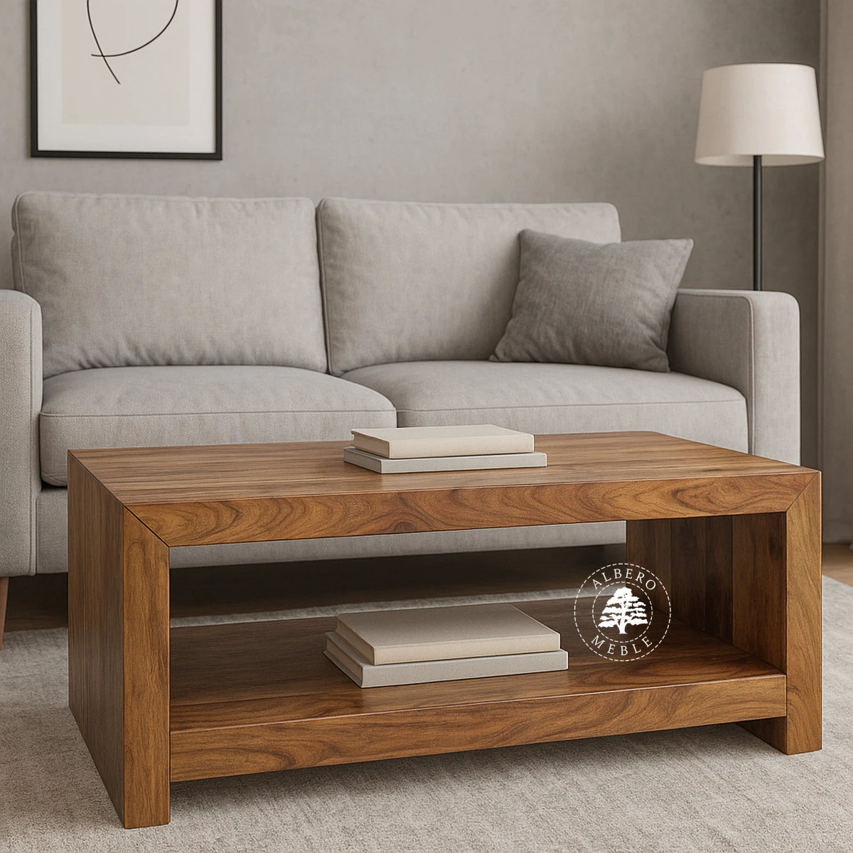 Prosty drewniany stolik kawowy z dolną półką