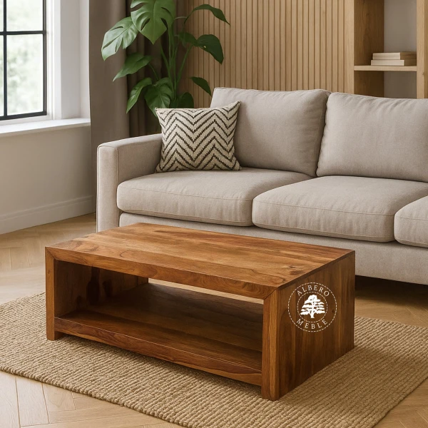 Prosty drewniany stolik kawowy z dolną półką